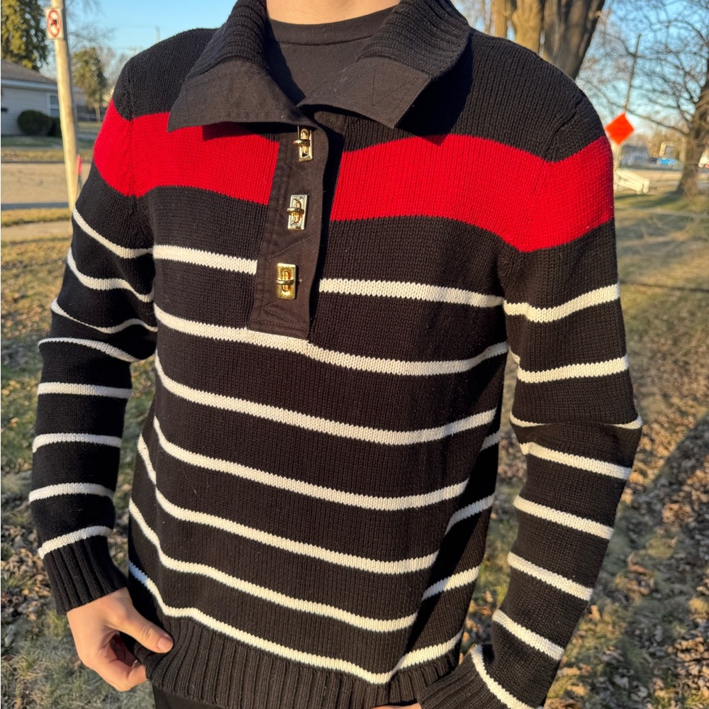 Men's Striped Sweater - Black, Red, and White